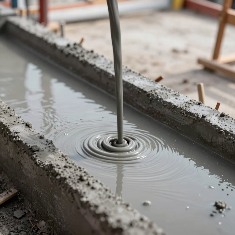 Close-up of high-quality wet concrete being poured into a foundation at a job site.