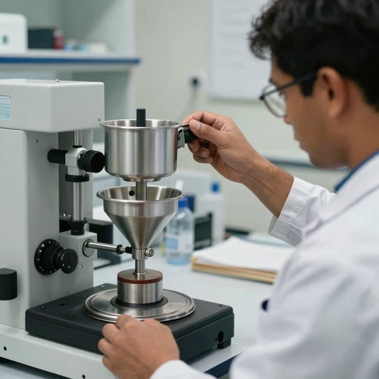 A South American / Brazilian technician performing a slump test in a laboratory.