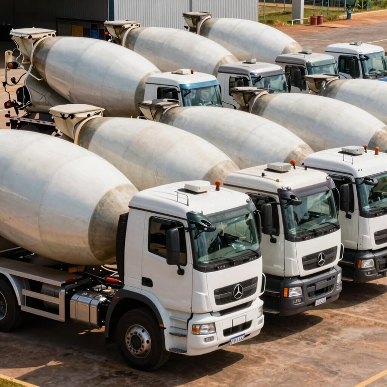 A fleet of clean concrete mixer trucks parked in a rows at a facility in Brasília.
