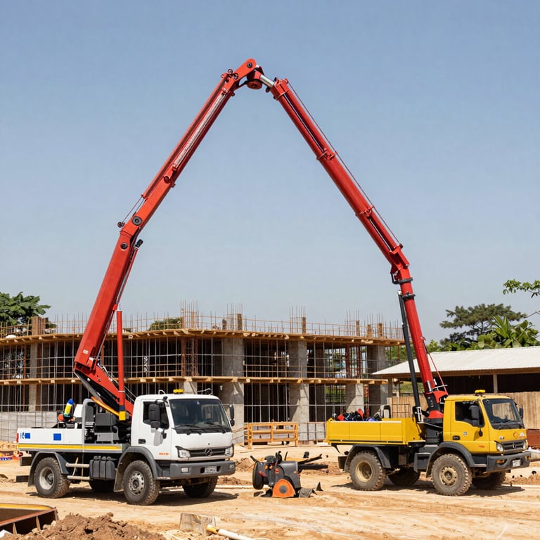 Action shot of a concrete pump extending over a large construction area in Brazil.