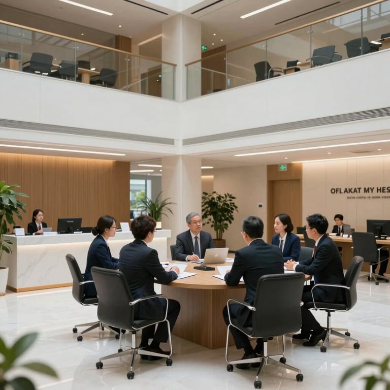 High-end banking hall with modern architecture and professionals in a business meeting.