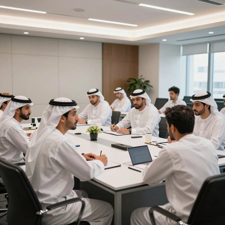 Luxury corporate training room in a Middle Eastern office with participants engaged in a workshop.