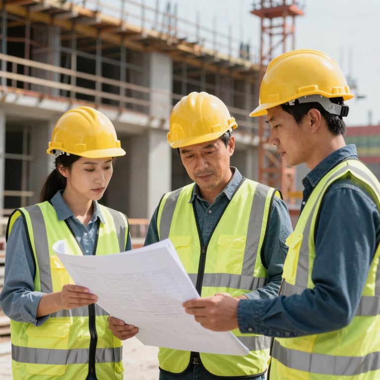 Modern construction site management with professionals in safety gear reviewing blueprints.