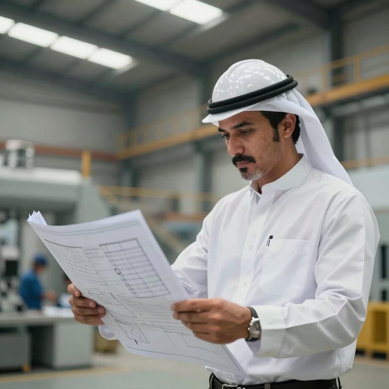 A professional engineer in a modern industrial setting in the Gulf reviewing plans.