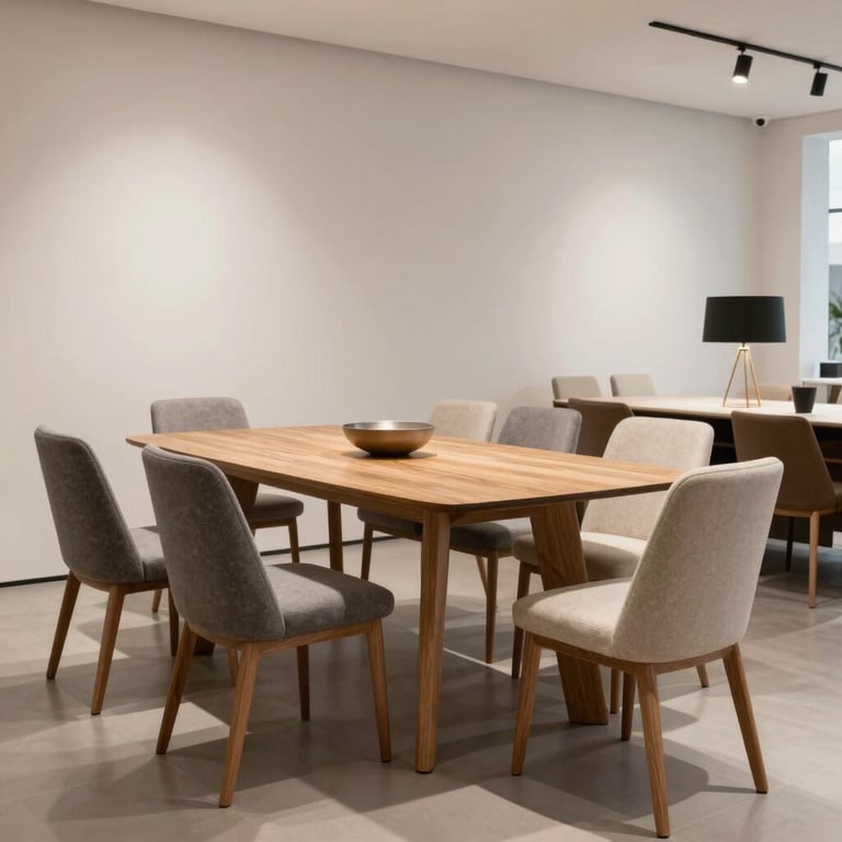 Modern dining room sets displayed in a bright, professional Western European / Dutch showroom with soft off-white walls.