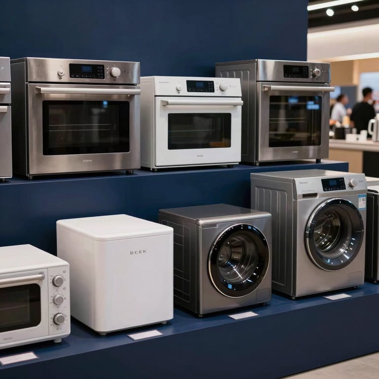 Sleek new kitchen appliances and household electronics arranged neatly on a display floor, deep navy blue accents.