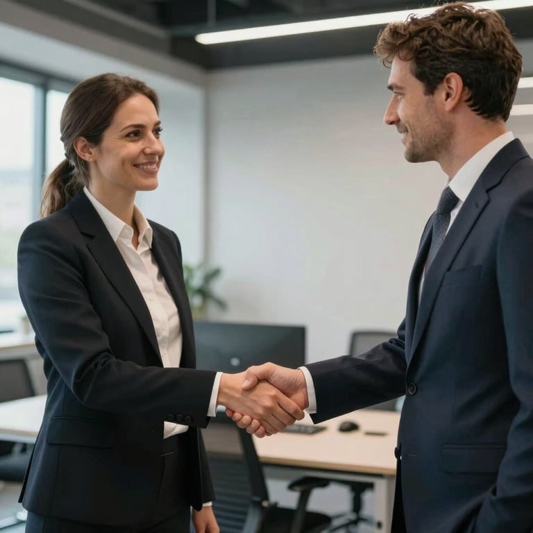 Two professionals in a handshake agreement within a modern Western European / Dutch office setting, emphasizing trust.