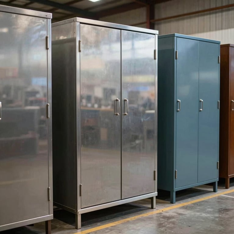 A selection of well-maintained second-hand vintage cabinets in a clean warehouse setting, steel blue highlights.