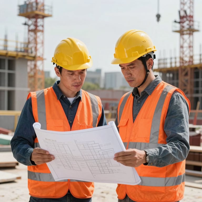 Two engineers wearing high-visibility orange vests and hardhats reviewing physical blueprints on an active civil engineering construction site.