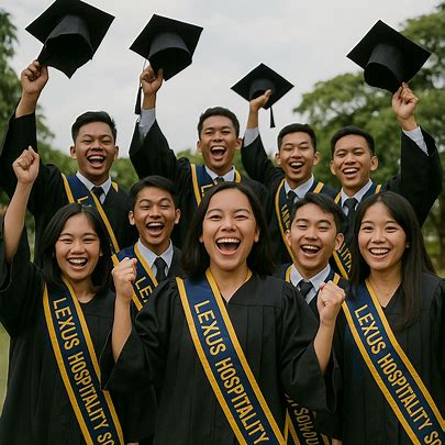 Happy Lexus Hospitality School graduates celebrate at a commencement ceremony holding their graduation caps.