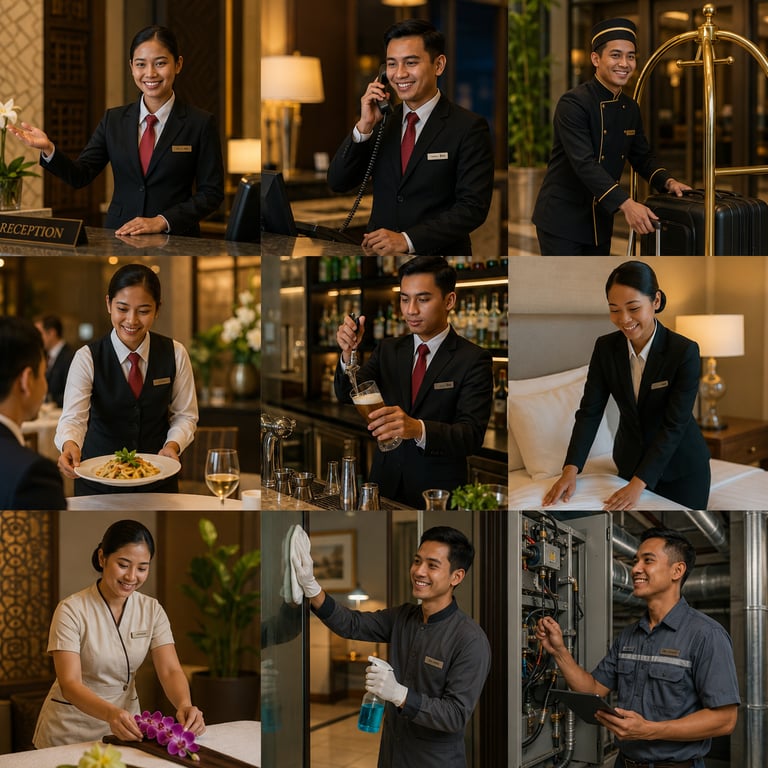 Professional hotel staff providing hospitality services including reception, concierge, dining, and housekeeping.