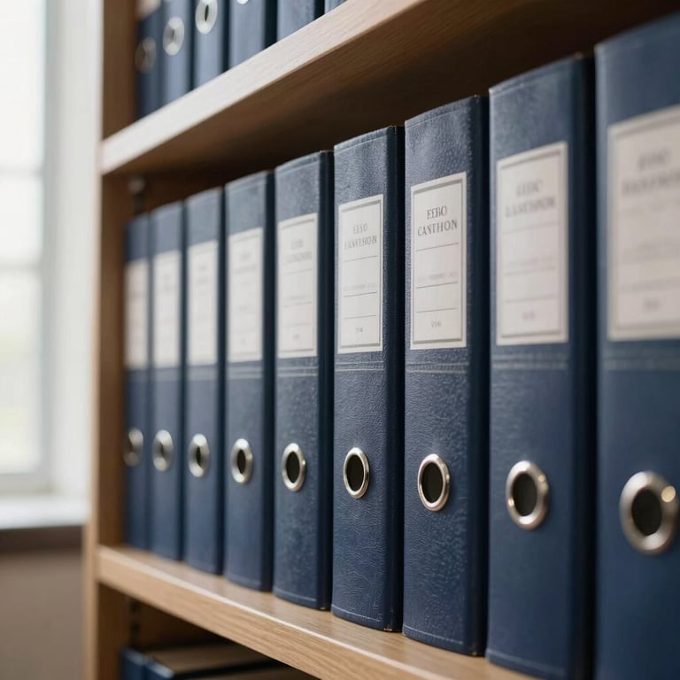 Close-up of structured legal archives and leather-bound books in a modern law office, warm side lighting, professional editorial photography.