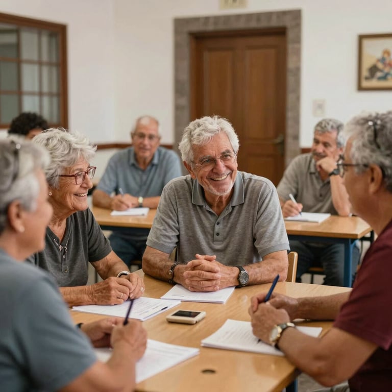 Senior adult students happily chatting during a Spanish language lesson in Puerto de la Cruz, Canary Islands, Spain, warm welcoming vibe.