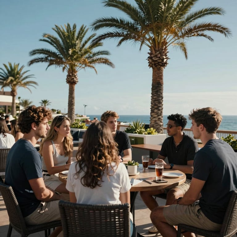 Young adults enjoying outdoor conversational practice on a sunlit patio in Tenerife, Canary Islands, Spain, surrounded by palm trees and blue skies.
