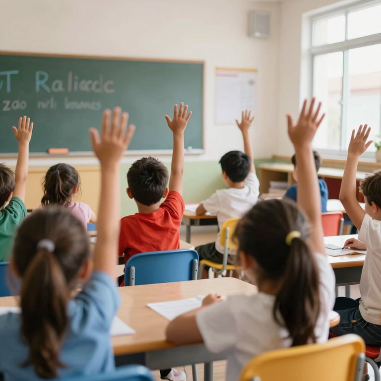 Children enthusiastically raising their hands during a fun English class in Tenerife, Canary Islands, Spain, bright classroom with rounded colorful furniture.