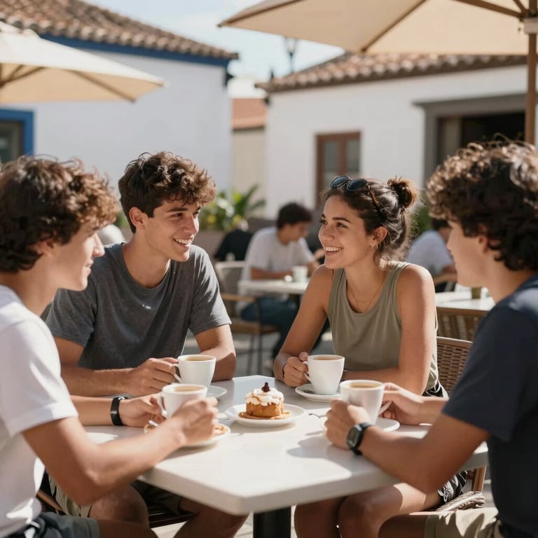 Students having a friendly conversation over coffee on an outdoor terrace in Puerto de la Cruz, Canary Islands, Spain, bright sunny day, relaxed atmosphere.
