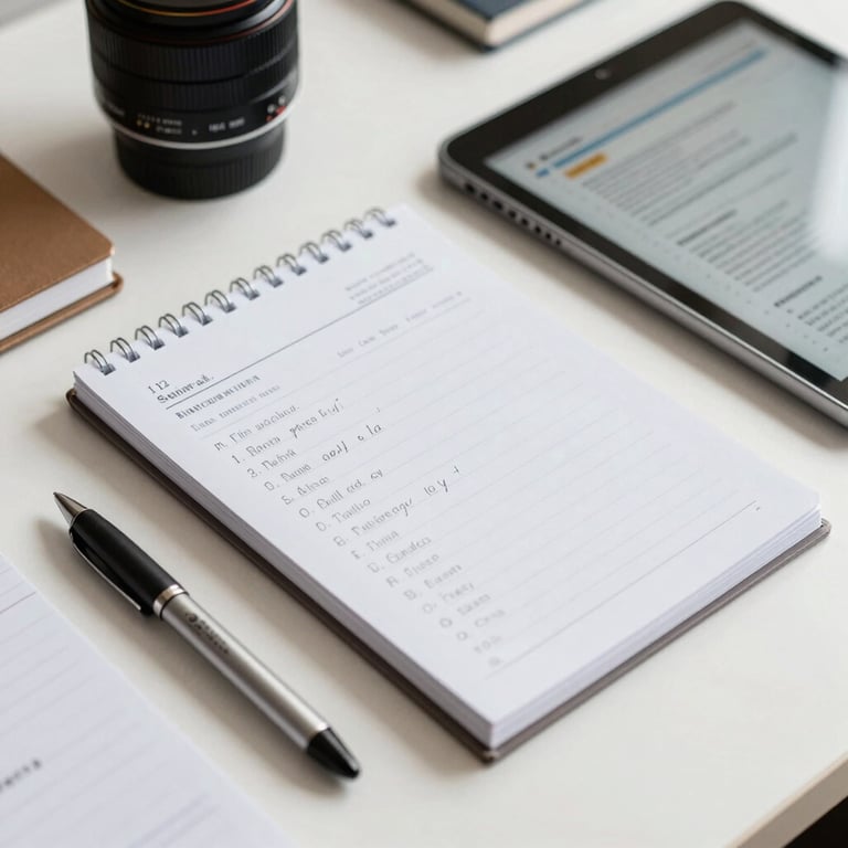 Close up photography of notebooks, study pens, and a tablet showing language learning materials on a clean white desk in an academy in Canary Islands, Spain.