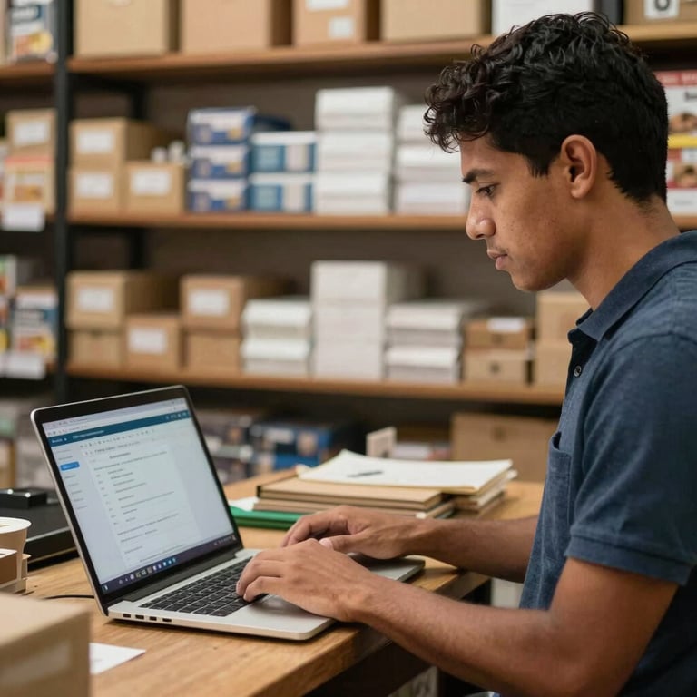 A small business owner in a South American / Brazilian shop using a laptop to manage inventory with a fast connection indicator.