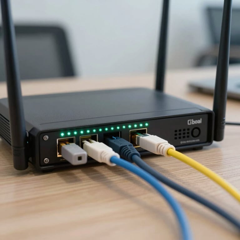 A close-up of a router with green lights and fiber cables in a clean South American / Brazilian office setting, professional photography.
