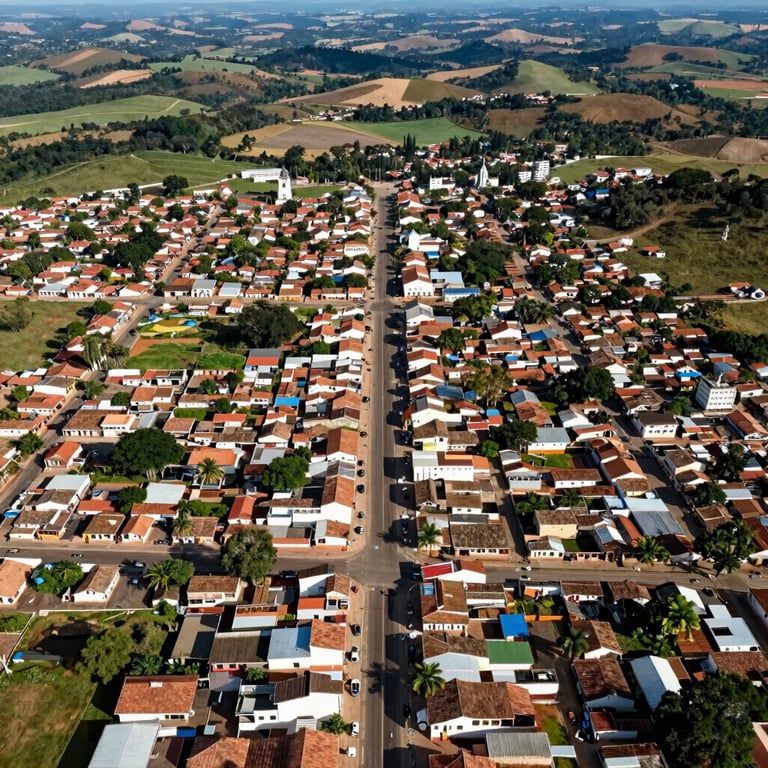 An aerial drone shot of São Pedro dos Crentes, Maranhão, showing the intersection of town and rural landscapes in South American / Brazilian region.
