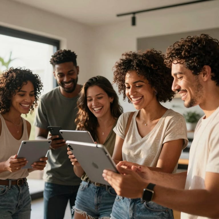 A group of diverse people in a modern South American / Brazilian home laughing while using a high-speed tablet, warm morning light.