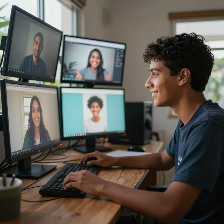 A student in a South American / Brazilian home studying online with multiple screens, soft evening lighting, focused and happy.