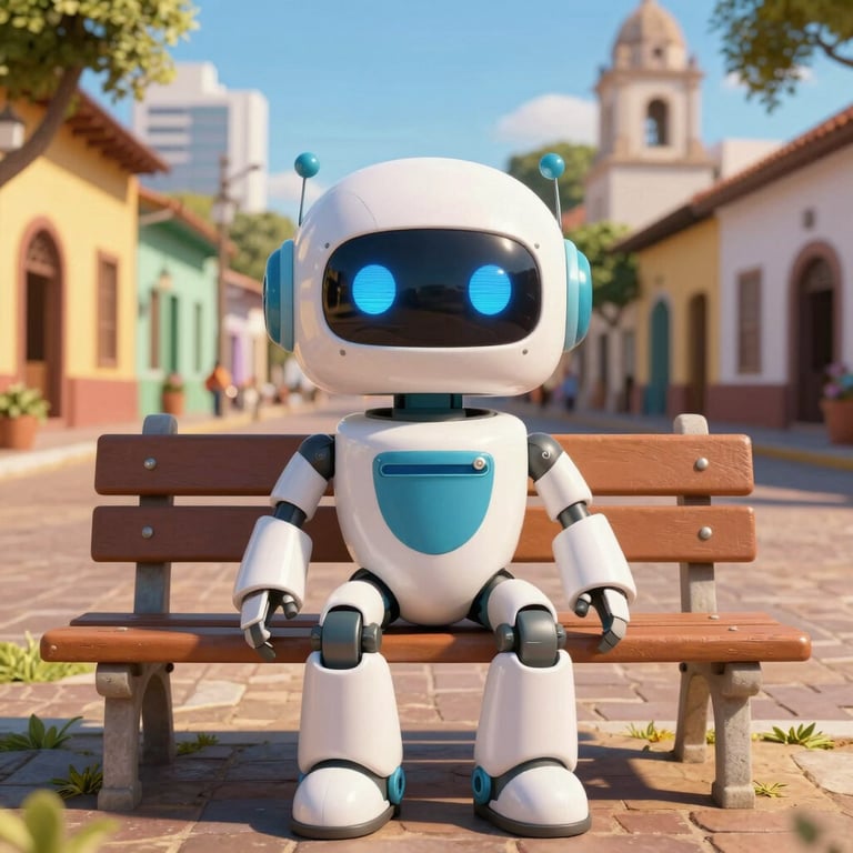 The friendly Netline robot mascot sitting on a bench in a typical South American / Brazilian town square, bright sunny day, 3D style.