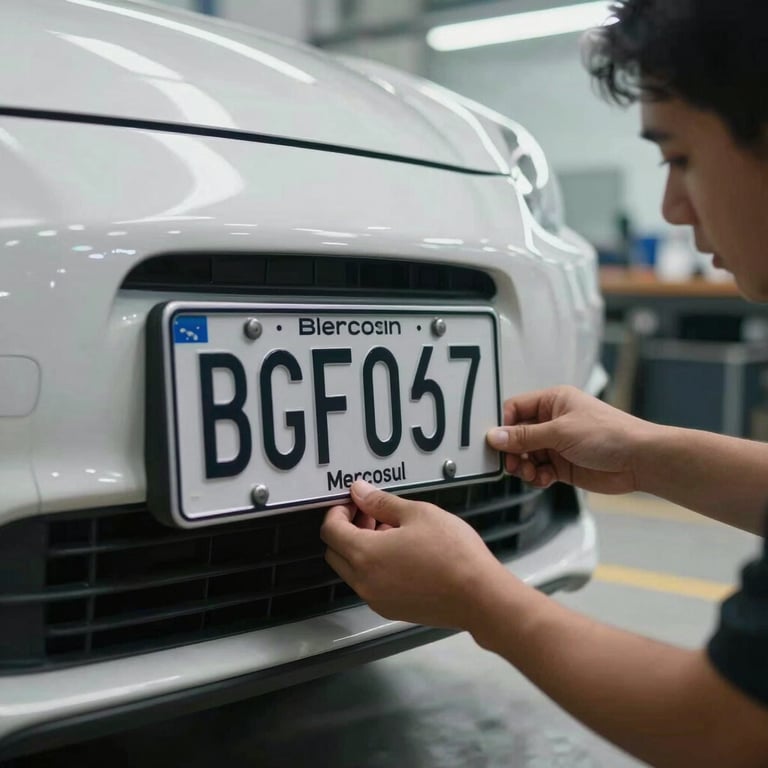 Detail of a professional attaching a new Brazilian Mercosul license plate to a clean car in a bright workshop.
