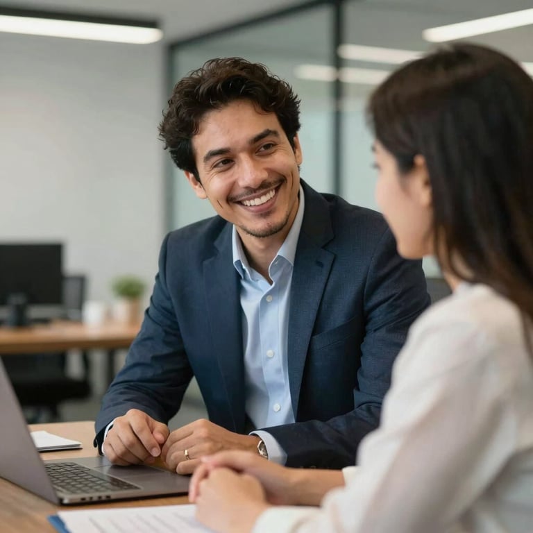 South American / Brazilian consultant smiling while assisting a client in a modern, professional office setting.