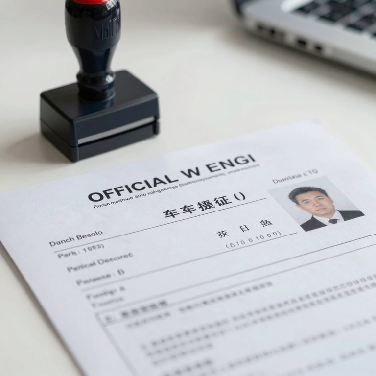 Close-up of official vehicle registration documents and a professional stamp on a clean, white desk.