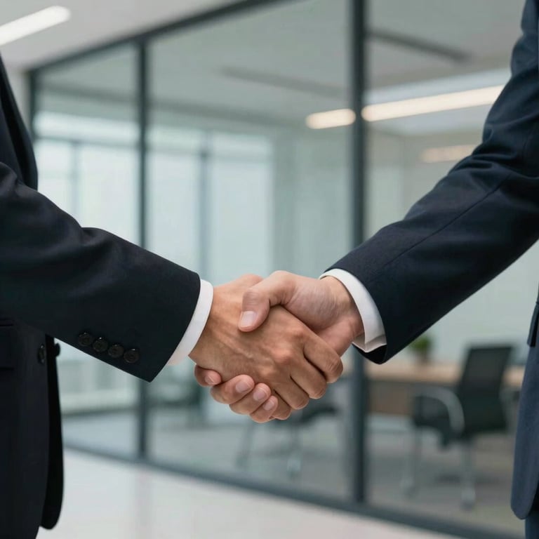 A firm and professional handshake between two people in a glass-walled office, emphasizing a closed successful deal and trust.