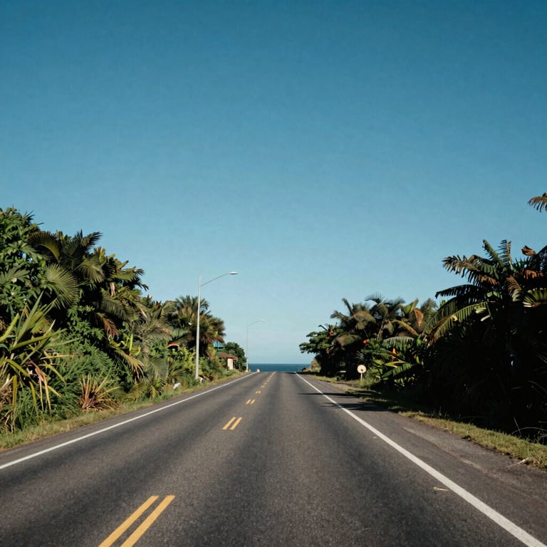 A scenic view of a coastal road in São Sebastião, Brazil, under a clear blue sky, symbolizing smooth vehicle travel.