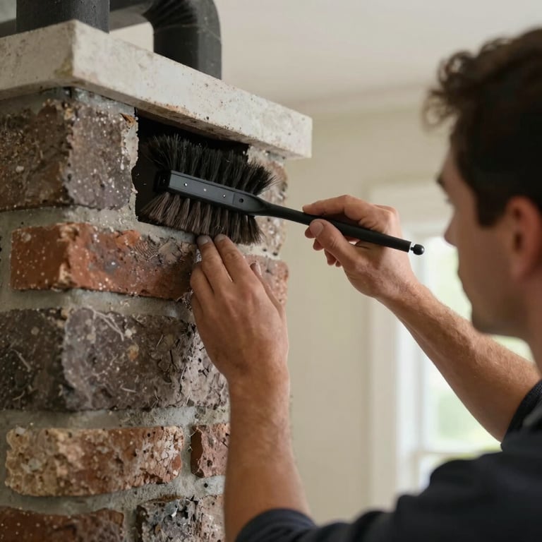 A technician using a professional brush inside a chimney in a North American / US suburban home, focused on expert craftsmanship.