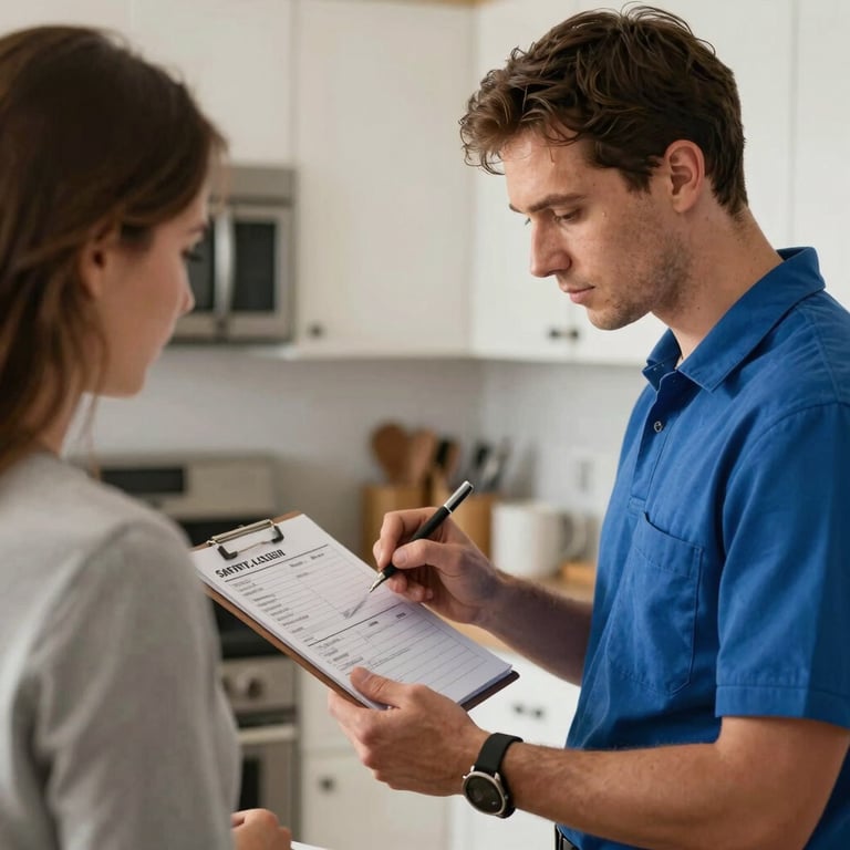 A professional technician explaining a safety checklist to a homeowner in a North American / US kitchen setting.