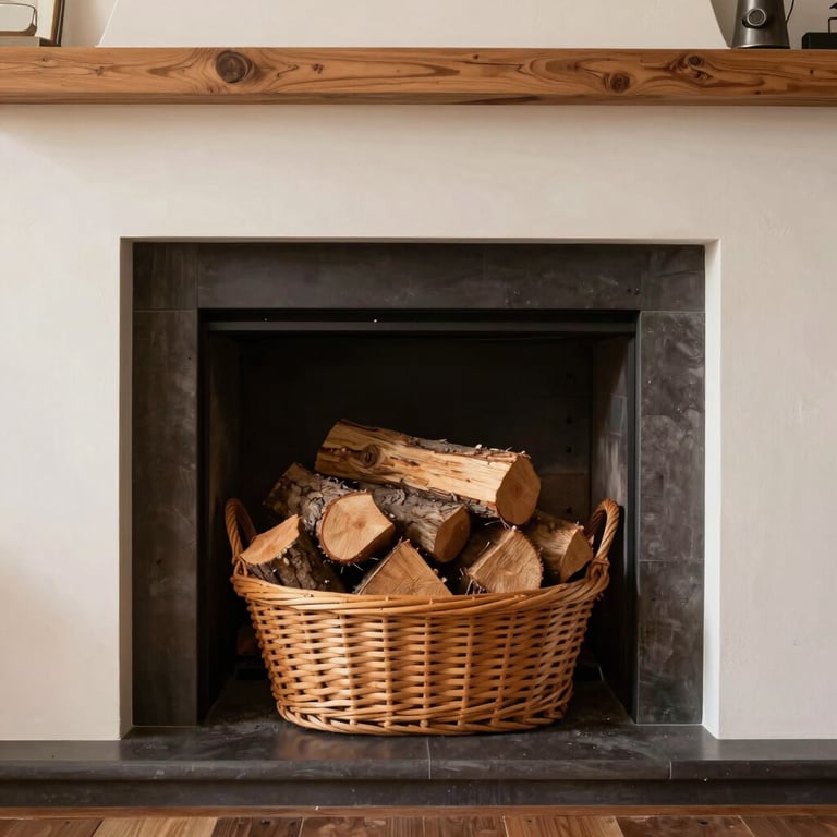 A clean, modern hearth with a basket of logs, where warm tan and rich cedar colors dominate the frame.