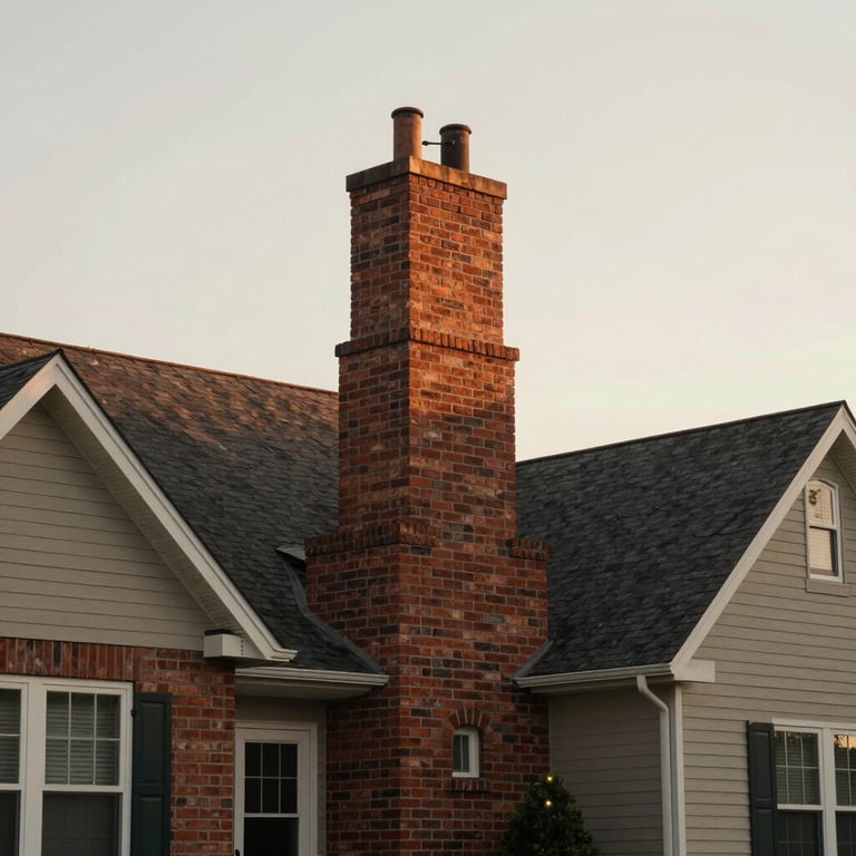 A wide shot of a North American / US house with a prominent, well-pointed brick chimney against a soft off-white morning sky.