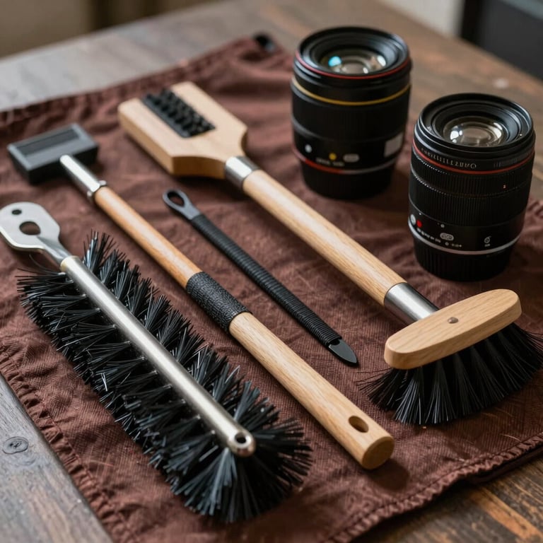 Detail shot of professional chimney cleaning tools and brushes laid out neatly on a deep mahogany protective drop cloth.