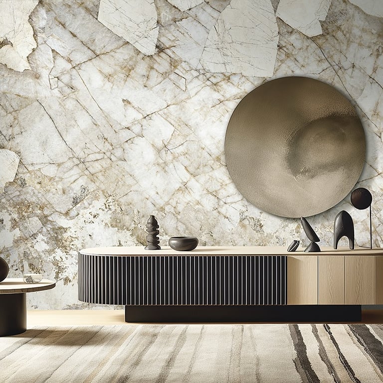 Modern living room featuring a marble-effect wall mural behind a fluted wood sideboard and circular mirror.