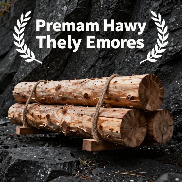 Heavy wooden logs used for lifting, stacked against a dark rock face, premium minimalist composition.