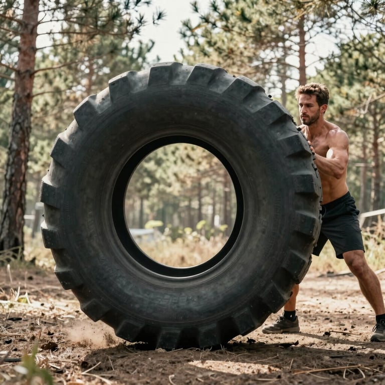 A muscular man flipping a massive industrial tire in a clearing, soft off-white sunlight filtering through pine trees.