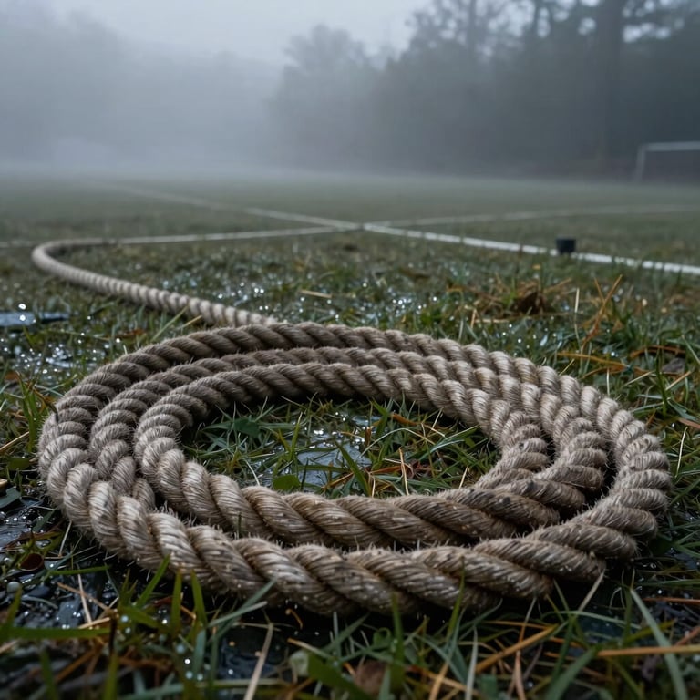 Thick battle ropes coiled on wet grass, morning mist in the background, dark slate grey atmosphere.