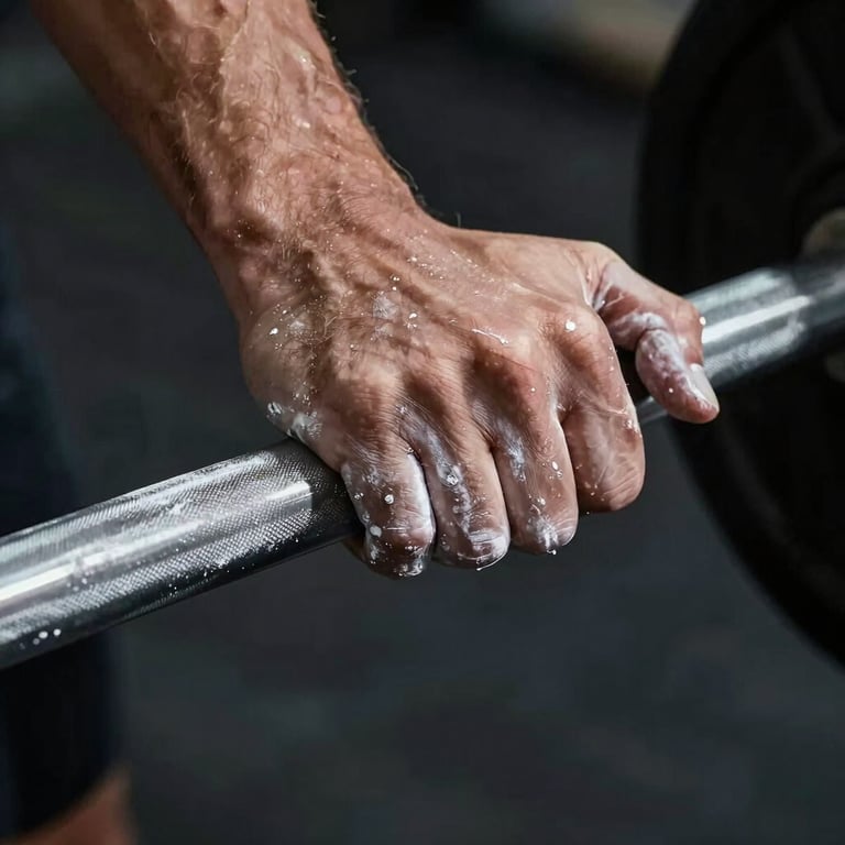 Close-up of hands covered in white chalk gripping a cold steel barbell, high contrast lighting with deep black shadows.