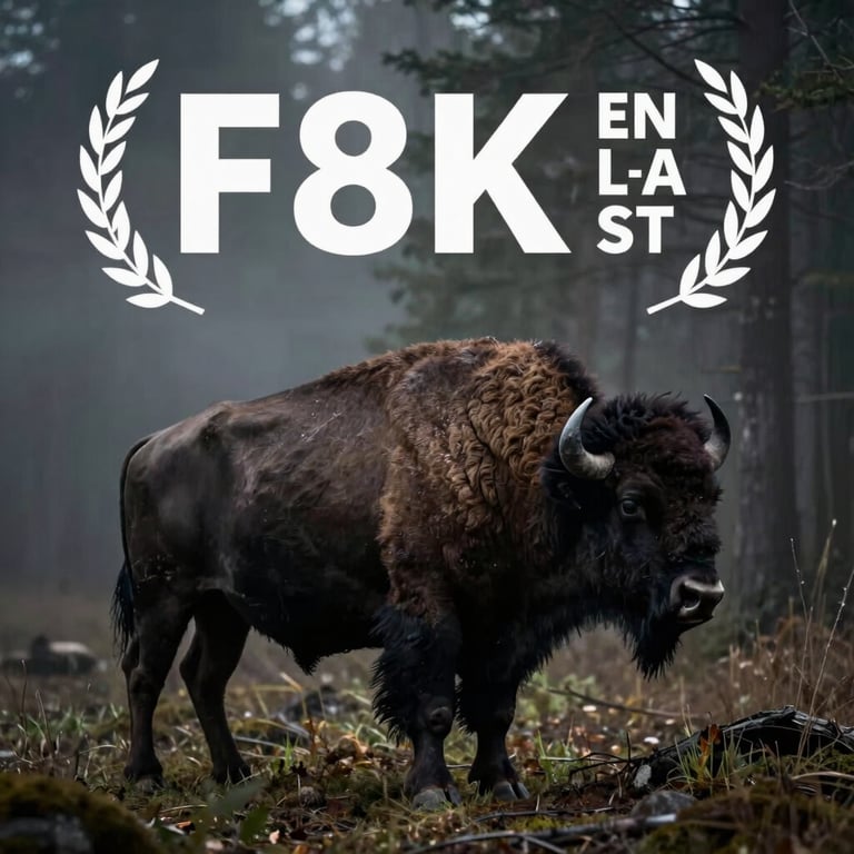 A silhouette of a bison standing in a foggy, dark forest, representing the brand's resilience and natural strength.