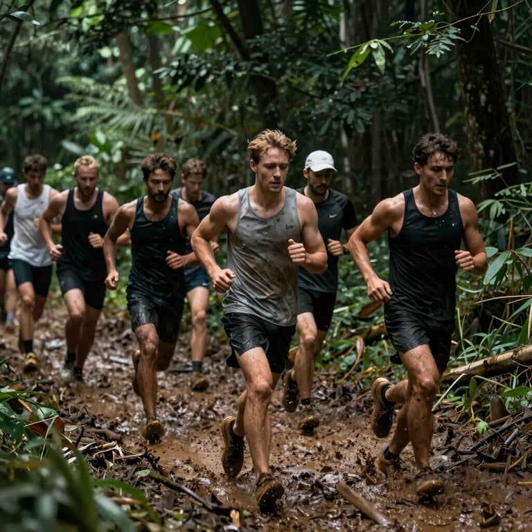 A group of determined people running through a muddy trail, dark green forest textures, raw masculine energy.