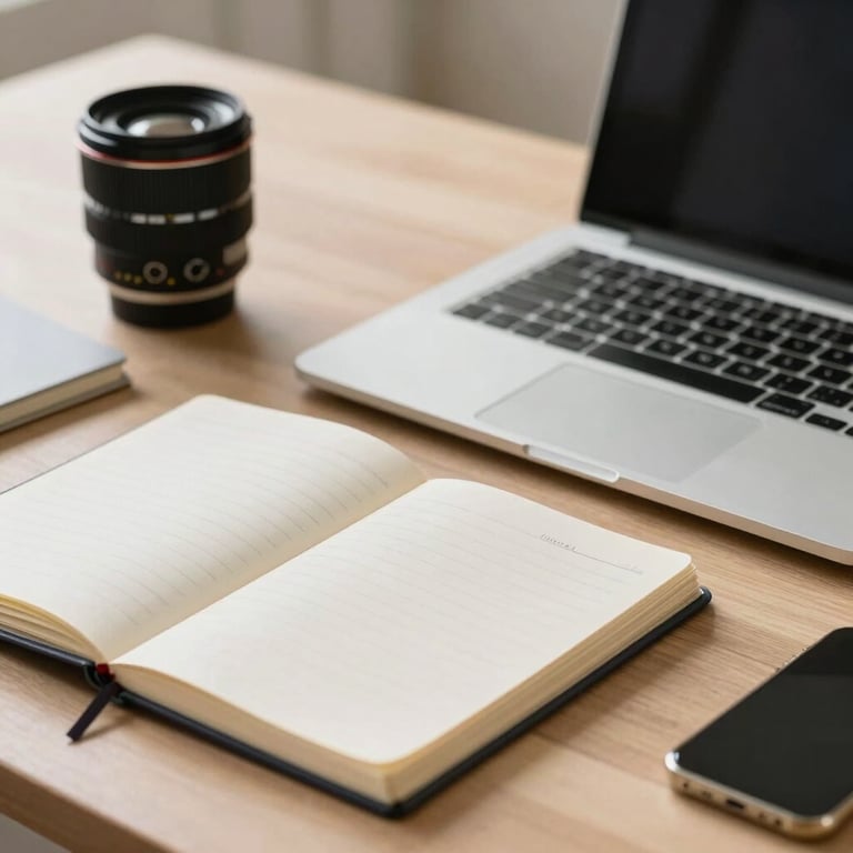 A clean, organized professional workspace with a notebook and high-end laptop, reflecting a results-driven business atmosphere.