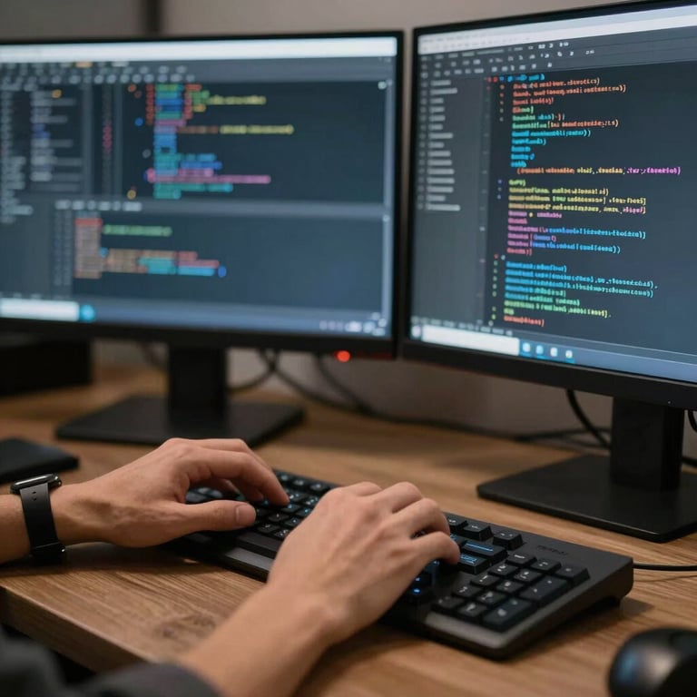 Close-up of a developer's hands on a sleek keyboard with dual monitors showing clean code in a modern workspace.