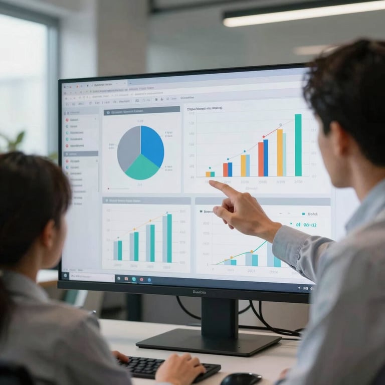 A digital marketing professional analyzing complex performance data on a large screen in a contemporary US office setting.
