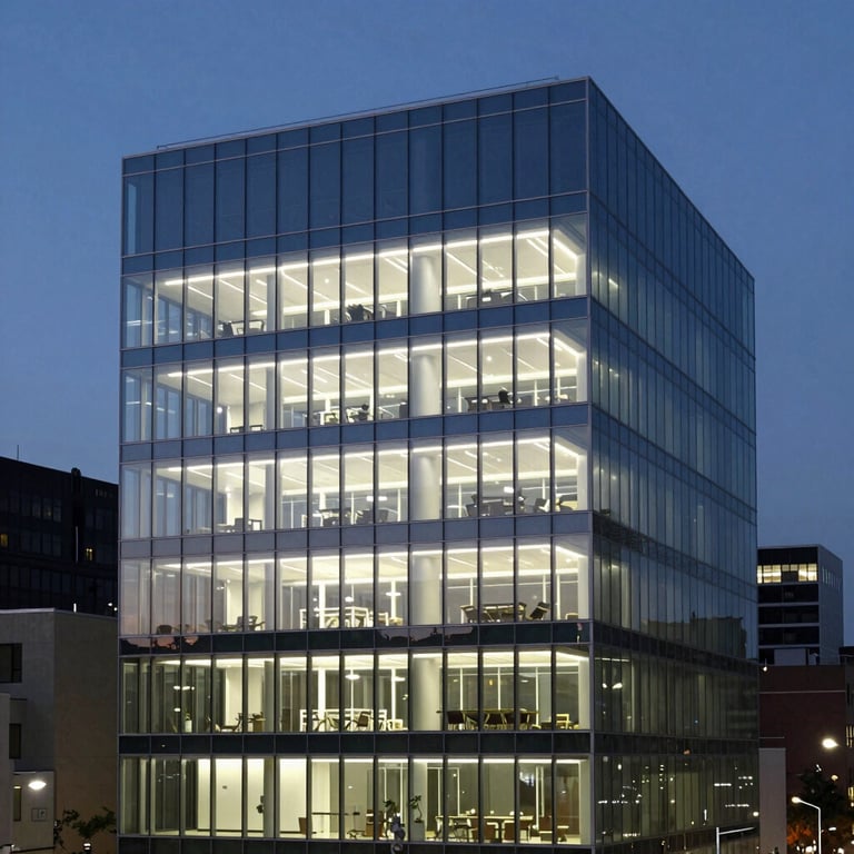 A minimalist glass office building in a major US city at dusk, with interior lights glowing in dark blue and off-white.