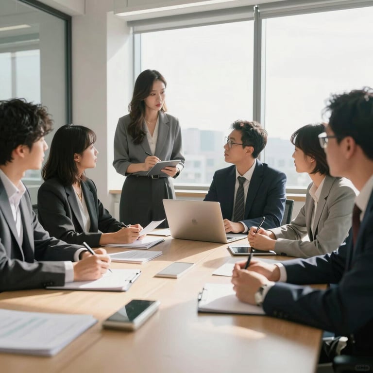A professional team meeting in a sun-drenched North American office, focusing on collaborative strategy and innovation.