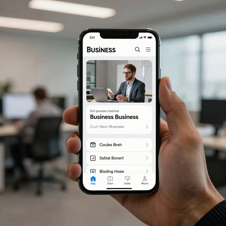 A high-resolution smartphone displaying a modern, mobile-responsive business interface against a soft-focus office background.